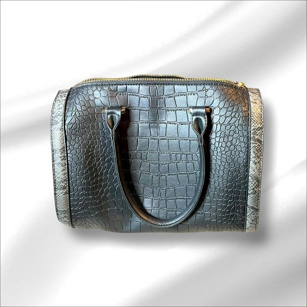 Black Croco Embossed Bag with Gray and Black Snake Print on Sides